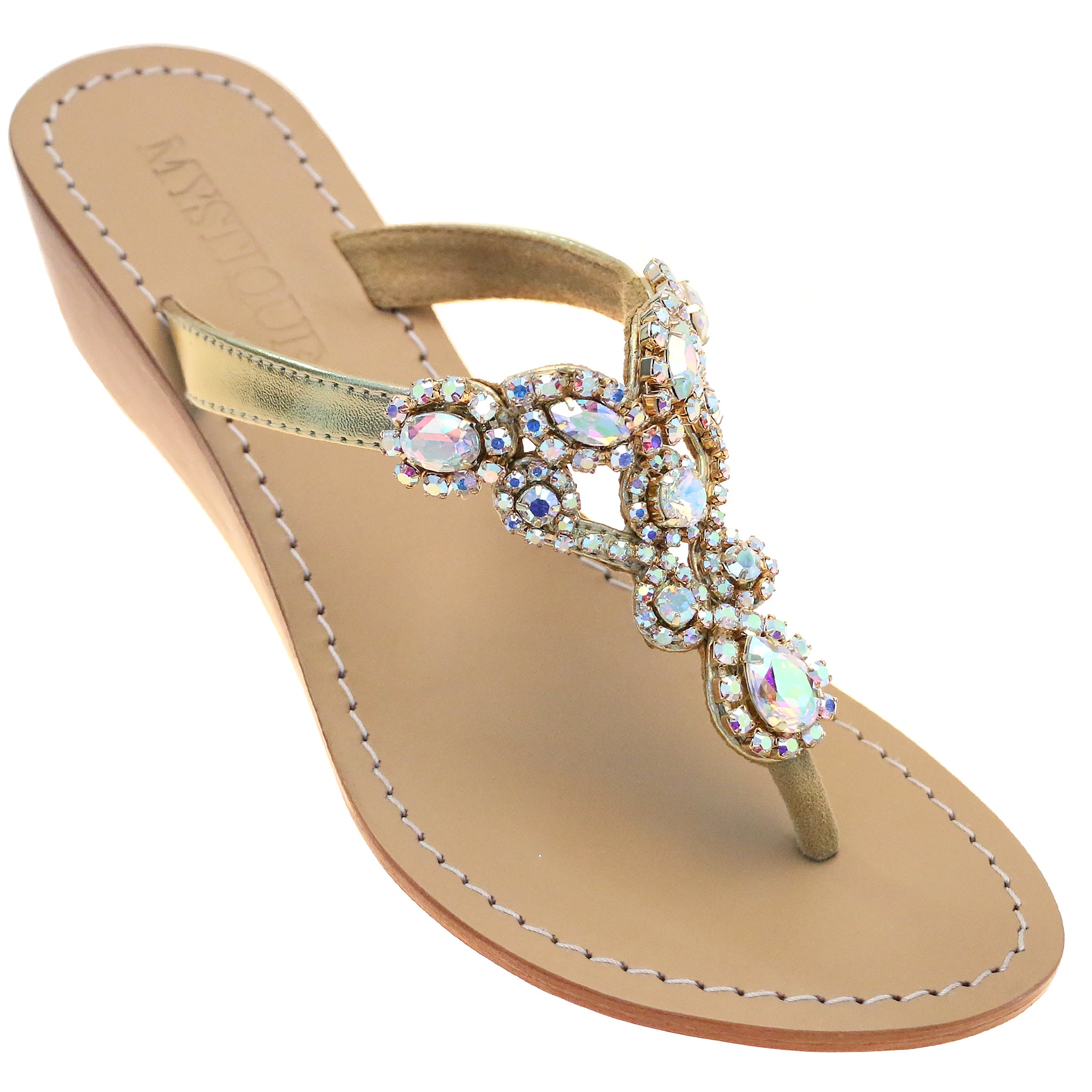 Messina- Women\'s Gold Jeweled Wedge Mystique Sandals Sandals 