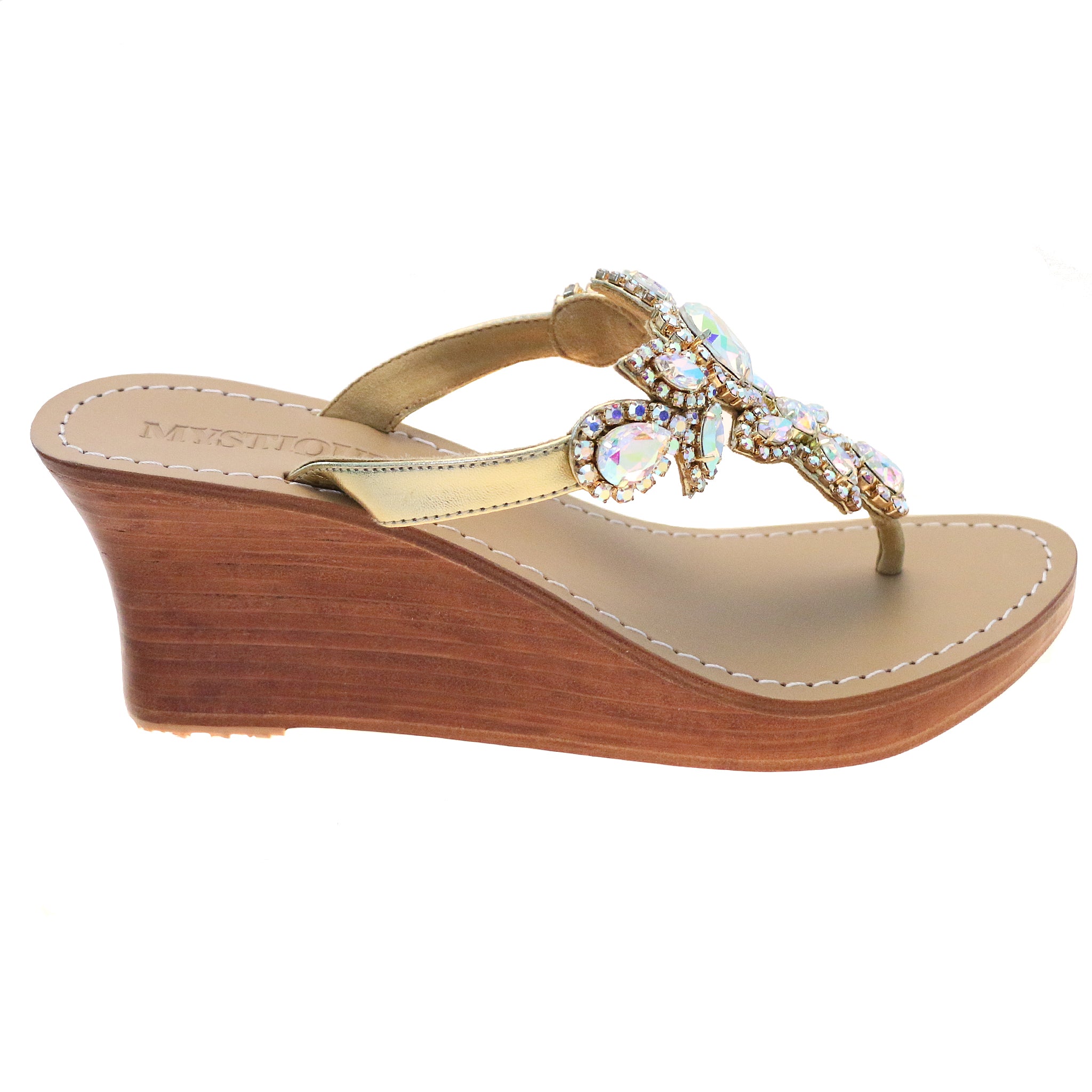 Belmont - Women's Gold Jeweled Wedge Sandals | Mystique Sandals