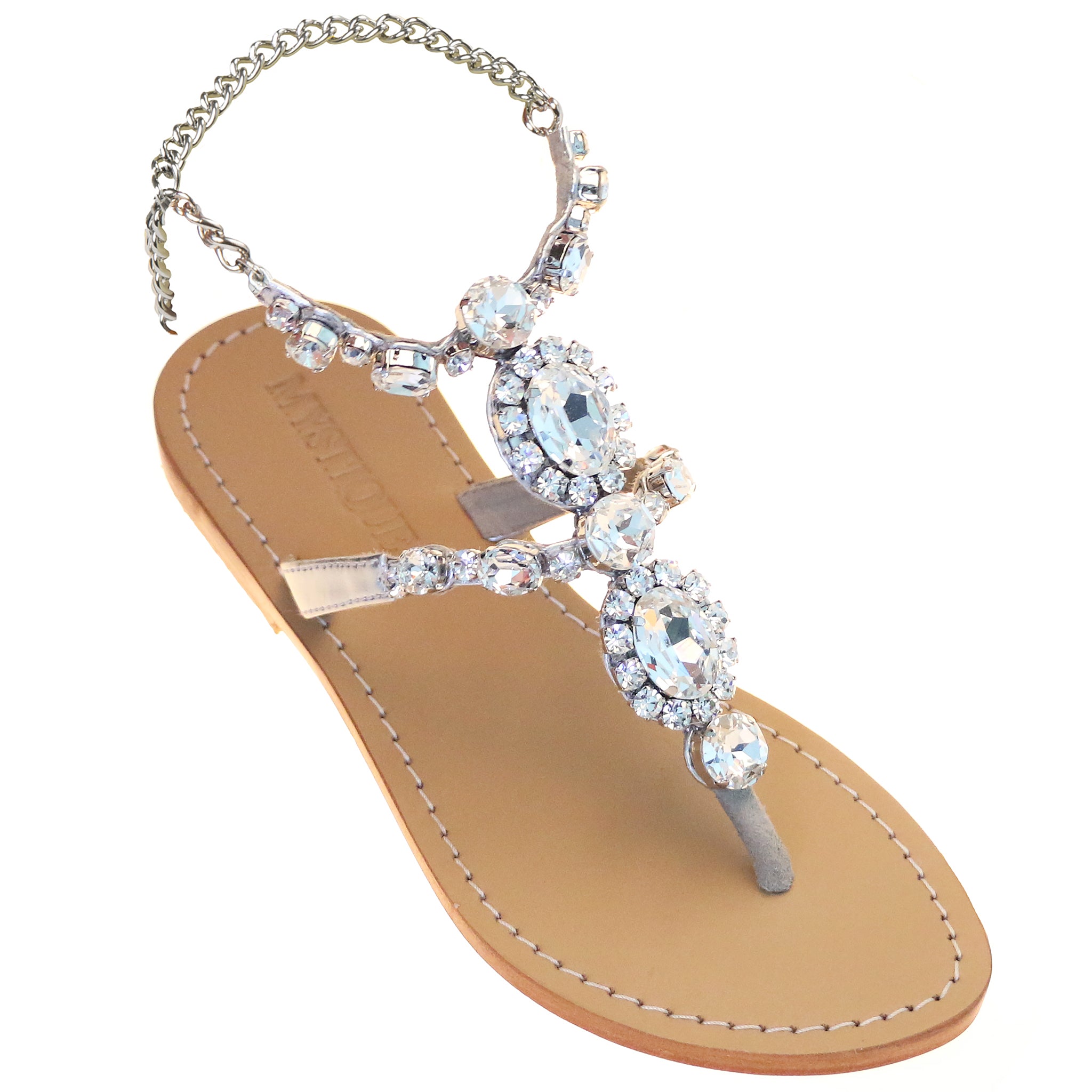 Brusque - Women's Silver Leather Jeweled Sandals - Mystique Sandals