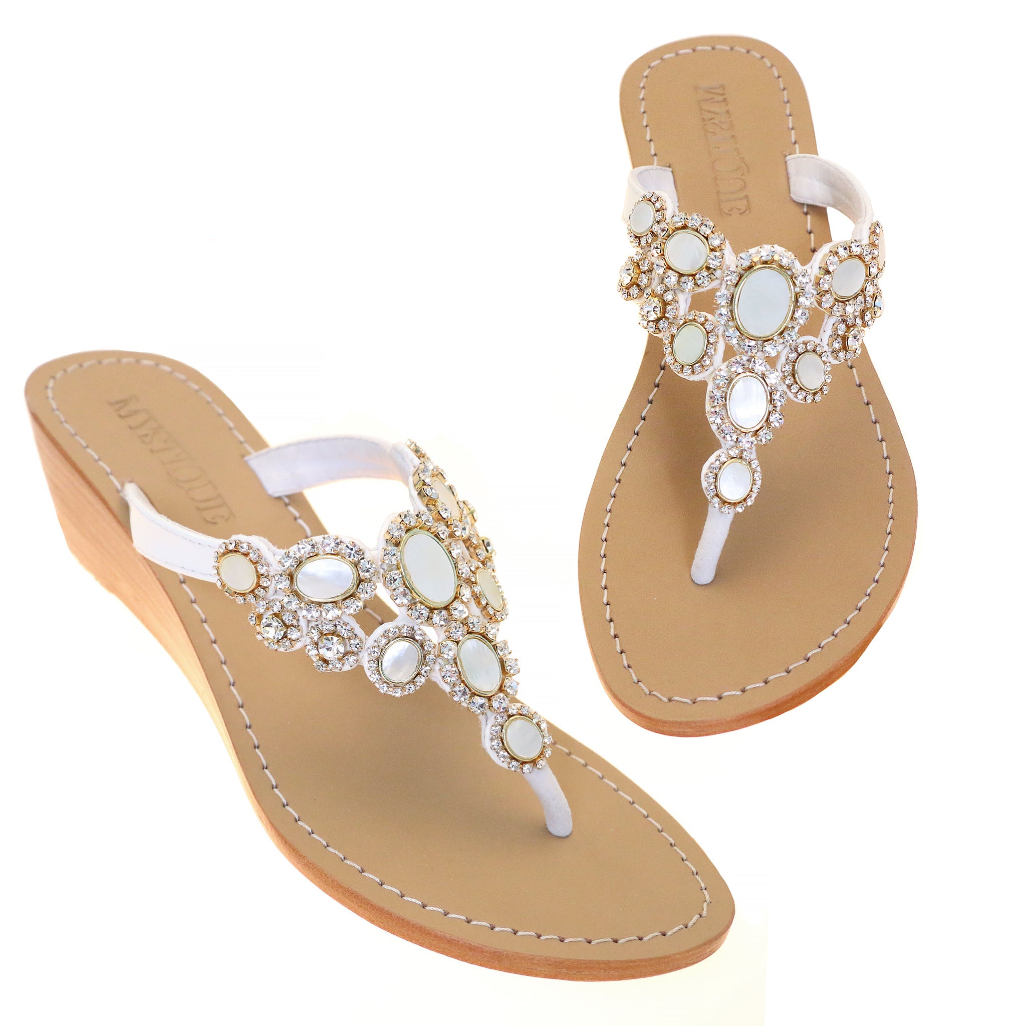Ojai - Women's White Jeweled Wedge Sandals - Mystique Sandals