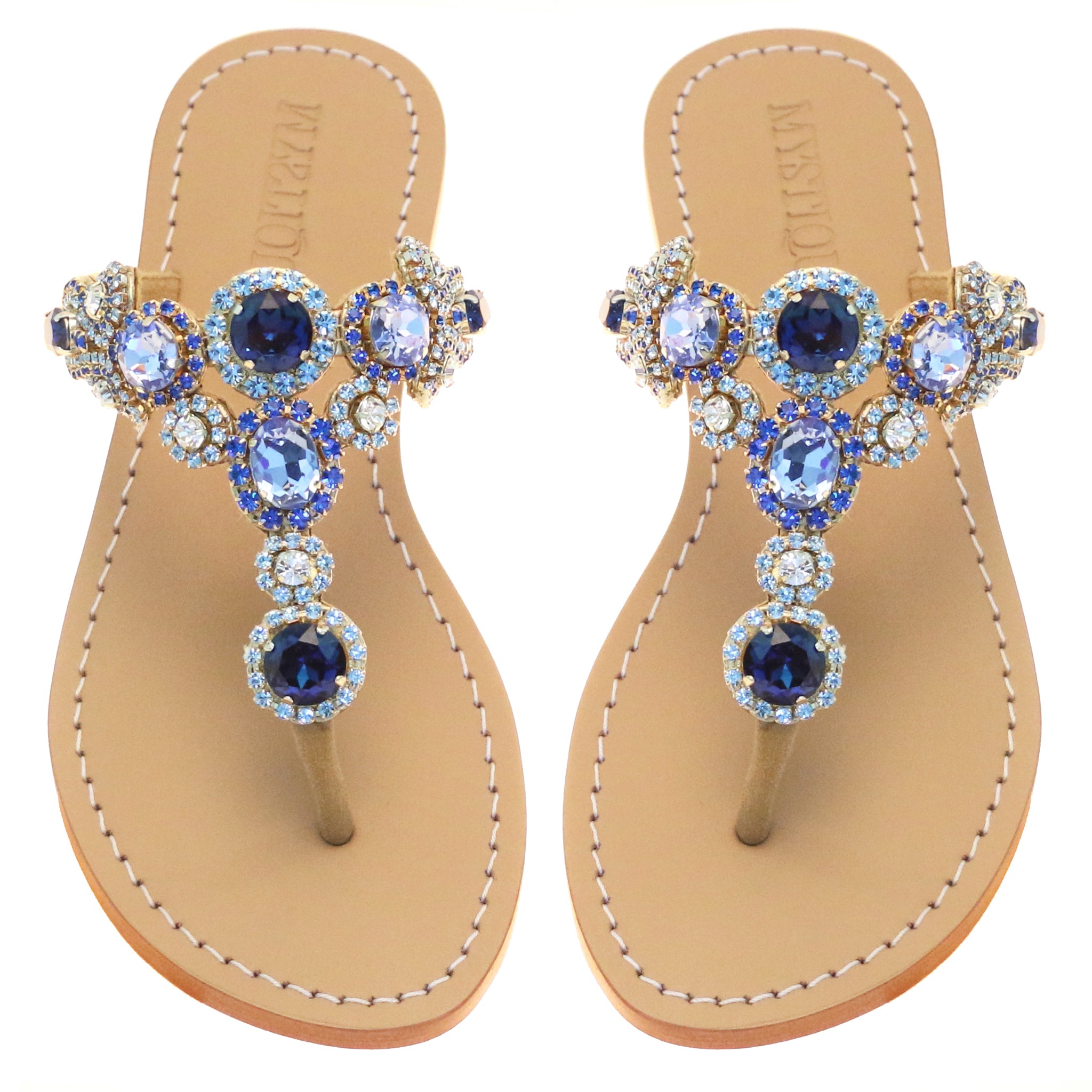 San Dimas -Women's Blue Leather Jeweled Sandals | Mystique Sandals